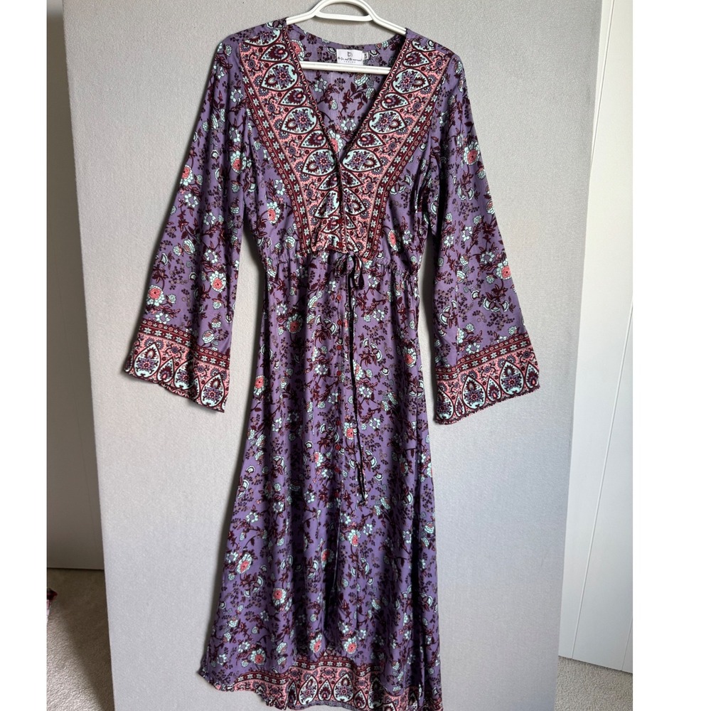 The Fox and the Mermaid Women's S/M Purple Floral Boho Bell Sleeve Maxi Dress